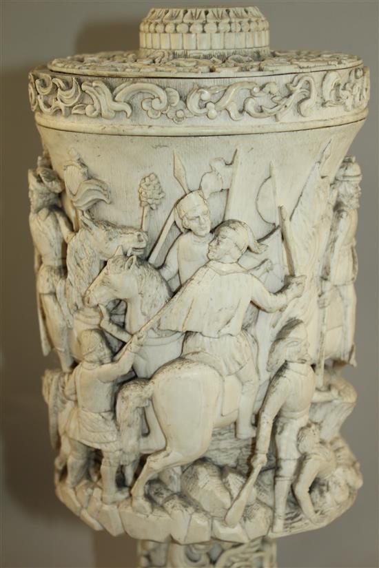 A large 19th century North European carved ivory vase and cover, probably German, 15in.